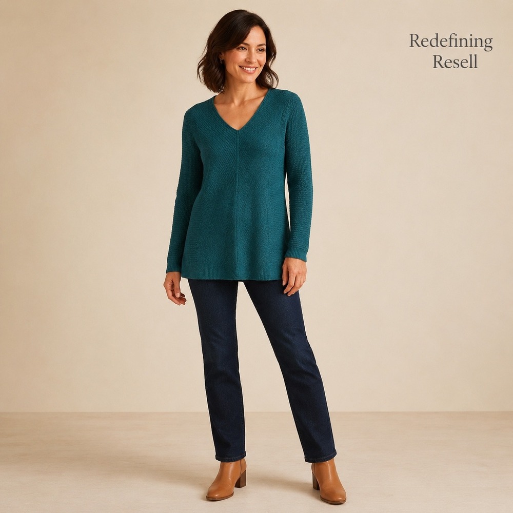J. Jill Teal Green V-Neck Textured Chevron Knit A-Line Sweater XS Petite